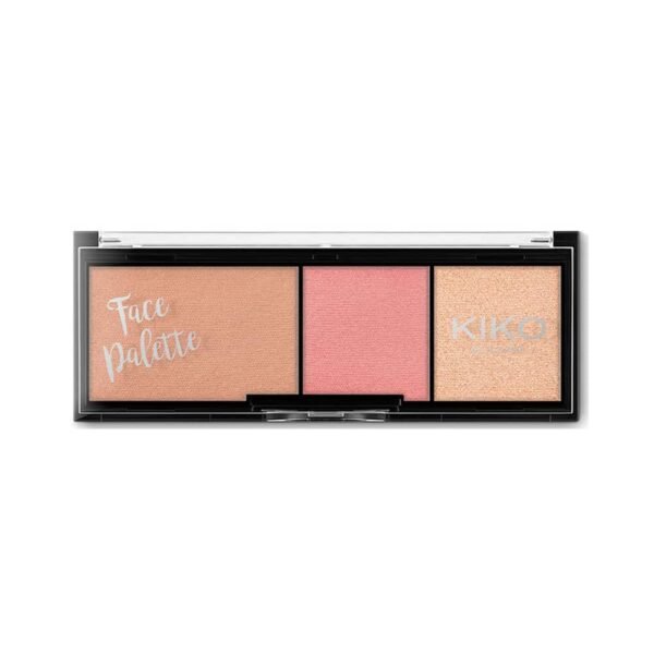 KIKO Milano Face Positive three-shade face palette with peach, pink, and champagne powders in a black rectangular case.