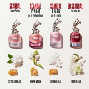Four pink perfume bottles labeled Scandal in a row with the fragrance names at the bottom: Chypre Gourmand, Chypre Woody, Chypre Floral, Floral Floral, set against a light background with white flowers below.
