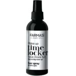 Makeup fixer spray bottle labeled 'Farmasi Time Locker' for all skin types