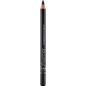 Vertical shot of a black waterproof eyeliner pencil with a sharpened tip against a white background, white branding along the barrel reading 'Waterproof Eyeliner'.