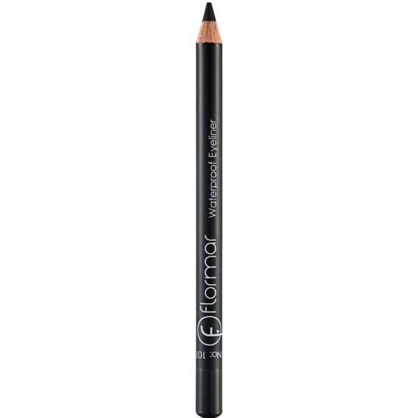 Vertical shot of a black waterproof eyeliner pencil with a sharpened tip against a white background, white branding along the barrel reading 'Waterproof Eyeliner'.