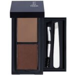 Cosmetic makeup kit with three brown powder shades and a small dual-ended brush inside a black case.