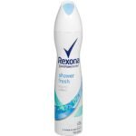 Rexona shower fresh antiperspirant spray can with blue wave design and logo, 150 g capacity