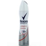 Rexona Motionsense antibacterial protection antiperspirant spray can with blue logo and red text on a white background, front view