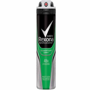Rexona Men Quantum Dry antiperspirant spray can with black and green design, 48h protection text visible in the center.