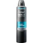 Dove Men+Care Clean Comfort antiperspirant aerosol can with teal label and 48h protection text on the front
