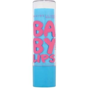 Blue tube of Maybelline Baby Lips lip balm with large pink 'BABY LIPS' lettering visible through clear cap