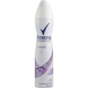 Rexona Classic MotionSense aerosol deodorant can, white with purple accents and logo