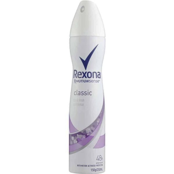 Rexona Classic MotionSense aerosol deodorant can, white with purple accents and logo