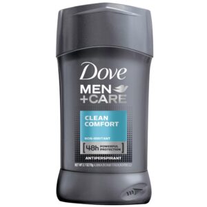 Dove Men+Care Clean Comfort antiperspirant stick with 48h protection in gray packaging.