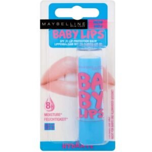Blue Maybelline Baby Lips lip balm tube in retail packaging, with pink 'BABY LIPS' lettering and a lips image on the box.