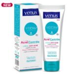Box and tube of Venus Viderm Acne Control anti-acne cream, with blue logo and 'NEW' badge on white background