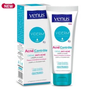 Box and tube of Venus Viderm Acne Control anti-acne cream, with blue logo and 'NEW' badge on white background