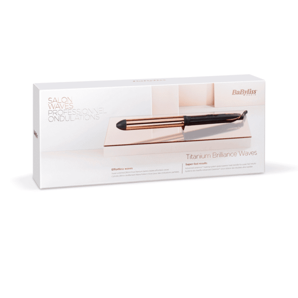 BaByliss Titanium Brilliance Waves curling wand packaged in a white box with rose-gold accents on the wand image