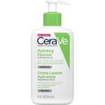 CeraVe Hydrating Cleanser bottle with white body, green pump, and visible label text on the front.