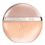 Round peach-beige powder compact with a silver band engraved 'CERRUTI 1881' around the center and cream swirls on the surface, a makeup product image (informative).