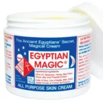 White jar of Egyptian Magic all-purpose skin cream with a blue label and ingredients visible on the side panel