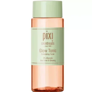 Pixi Glow Tonic exfoliating toner bottle with green label and peach cap, showcasing the brand name and product type clearly as a skincare item on a white background.