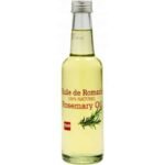 Bottle of rosemary oil labeled 'Rosemary Oil', 100% Natural, with rosemary illustration on the label (clear glass bottle)