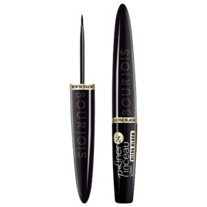 Two black liquid eyeliners standing upright side by side with glossy finishes and gold Ultra Black labels on the caps.