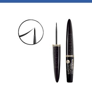 Close-up of black makeup tools (eyeliner brush and mascara tubes) against a white background with a blue header bar, highlighting Ultra Black branding on the tubes.