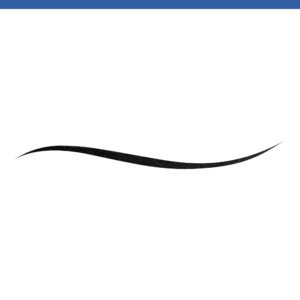 Blue header bar across the top with white background and a black curved brushstroke near the bottom right/left corner.