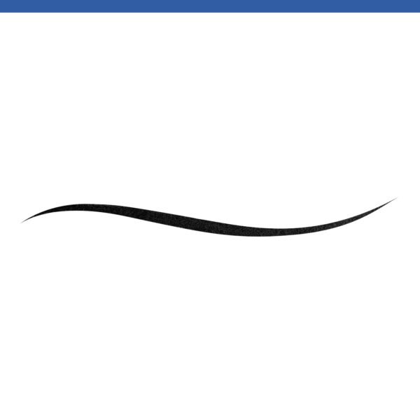 Blue header bar across the top with white background and a black curved brushstroke near the bottom right/left corner.