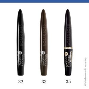 Three lipstick tubes in a row labeled with shade numbers 32, 33 and 35, showing black, brown, and dark shades from left to right.