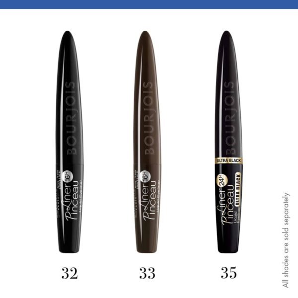 Three lipstick tubes in a row labeled with shade numbers 32, 33 and 35, showing black, brown, and dark shades from left to right.