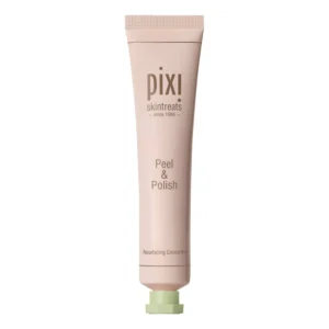 Pixi Skintreats Peel & Polish tube in soft pink with a mint-green bottom cap, standing upright.