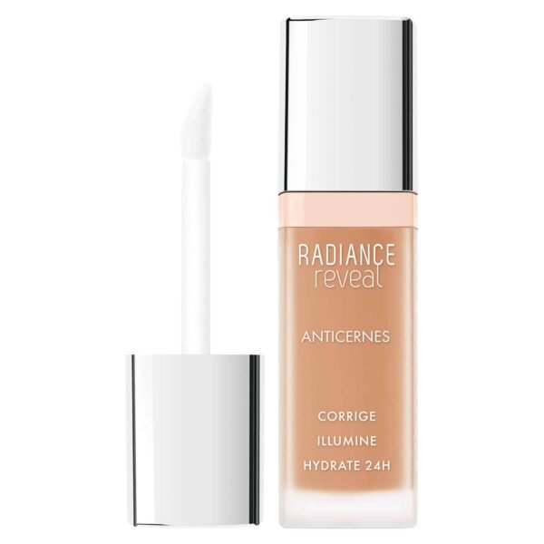 Close-up of a peach-colored serum bottle with a shiny silver cap and a white applicator; label shows 'RADIANCE reveal' and 'HYDRATE 24H'.