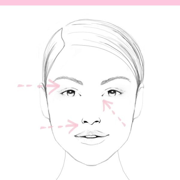Sketch of a person’s face with short hair, visible eyes, nose, and lips; pink arrows mark the cheeks.