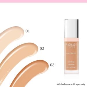 Foundation swatches labeled 01–03 with a tall beige-pink bottle on the right; pink banner at top, all shades sold separately in the text.