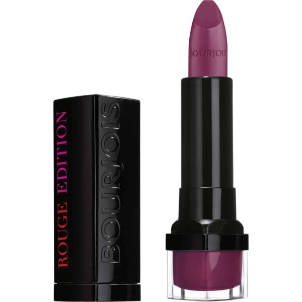 rouge-edition-18-violine-strass-1jpeg Bourjois Rouge Edition lipstick in deep mauve with black case and box nearby.