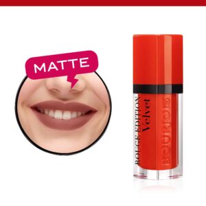 Close-up of a smiling mouth with bold matte lipstick and a pink 'MATTE' label, next to a red lipstick tube on a white background.