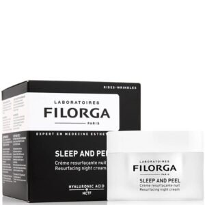 Filorga Sleep and Peel night cream with outer box and white jar shown for skincare product. It highlights Hyaluronic Acid and NCTF on the packaging.