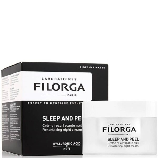Filorga Sleep and Peel night cream with outer box and white jar shown for skincare product. It highlights Hyaluronic Acid and NCTF on the packaging.