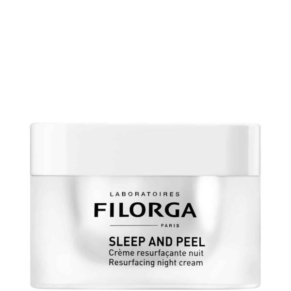 White skincare jar with bold black text reading FILORGA Sleep and Peel, close-up of the container edge.