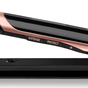 Rose-gold and black hair straightener with 'INTENSE' and 'PROTECT' mode labels, resting on a black base.