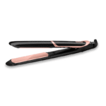 Rose gold and black hair straightener opened with ceramic plates visible, ready to use