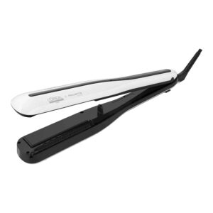 White and black hair straightener with plates open, brand L'Oréal visible, shown at an angle for styling hair at home or salon