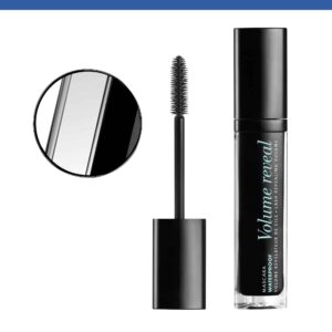 Close-up of a round makeup mirror, a mascara wand with bristles, and a tall black mascara tube on a white background.