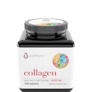 Bottle of Youth Theory collagen dietary supplement, 160 tablets, label shows colorful circular logo and 'collagen' text to indicate skincare formula