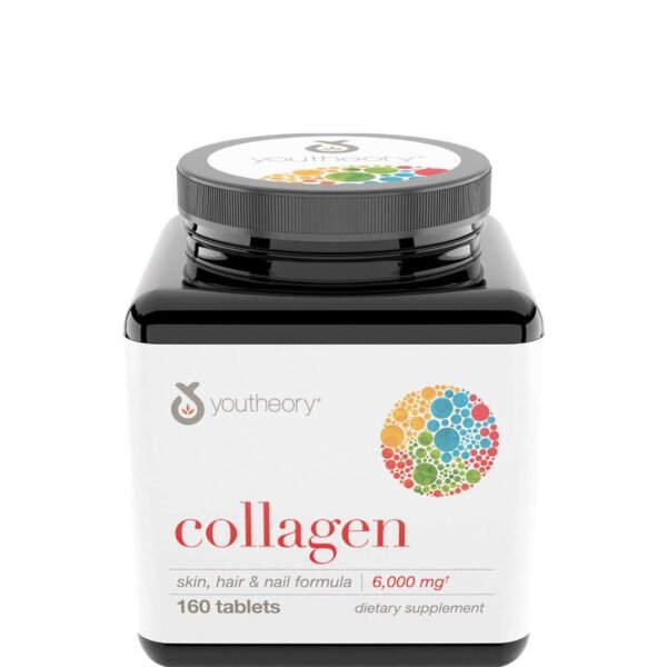Bottle of Youth Theory collagen dietary supplement, 160 tablets, label shows colorful circular logo and 'collagen' text to indicate skincare formula